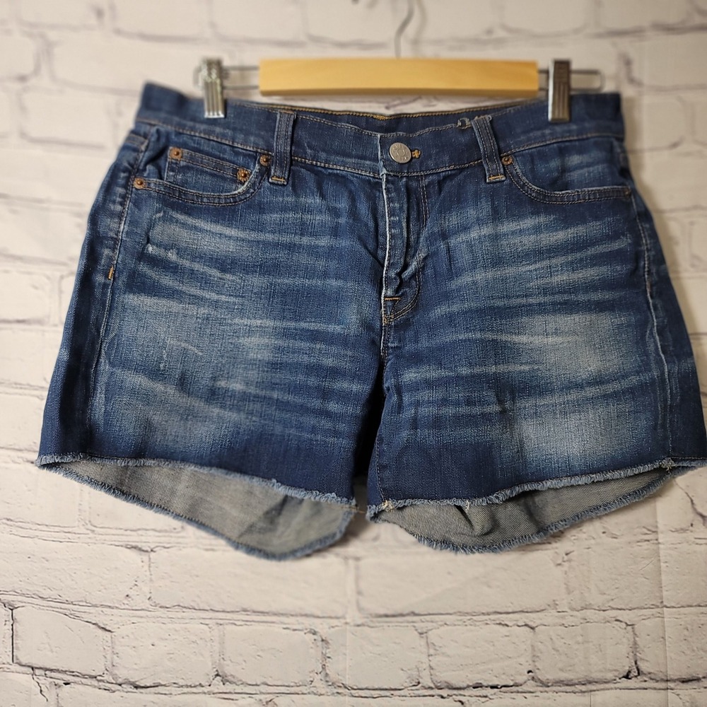 J.Crew‎ Indigo Denim Shorts Womens 28 Dark Wash Raw Hem Stretch Blue Grunge